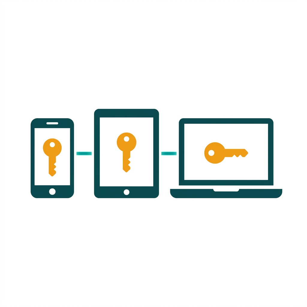 a smartphone, a tablet, and a laptop connected by glowing lines, showing a synchronized key icon on each screen