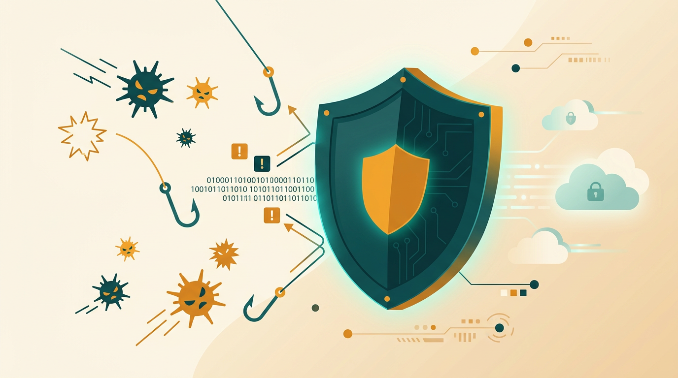 a stylized digital shield icon deflecting various abstract cyber threats like viruses and phishing hooks, clean and modern vector illustration