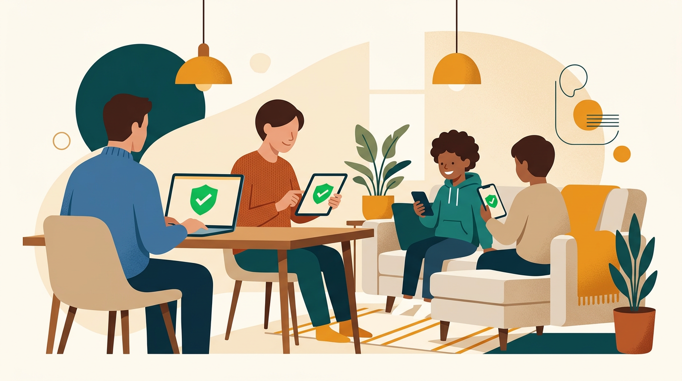 a family using different devices like a laptop, tablet, and smartphone, all showing a green checkmark security symbol, warm and safe home environment