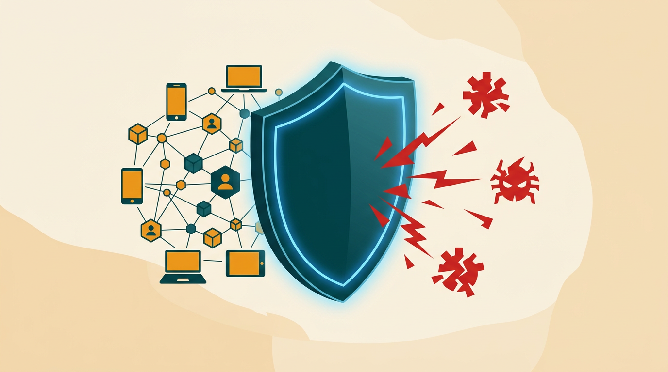 an abstract digital shield icon glowing blue, protecting a network of user data points and device icons from red threat symbols, clean vector illustration