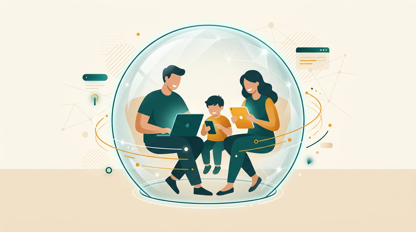 a stylized family using a laptop, tablet, and smartphone, all devices are enclosed in a transparent protective sphere, representing unified digital security