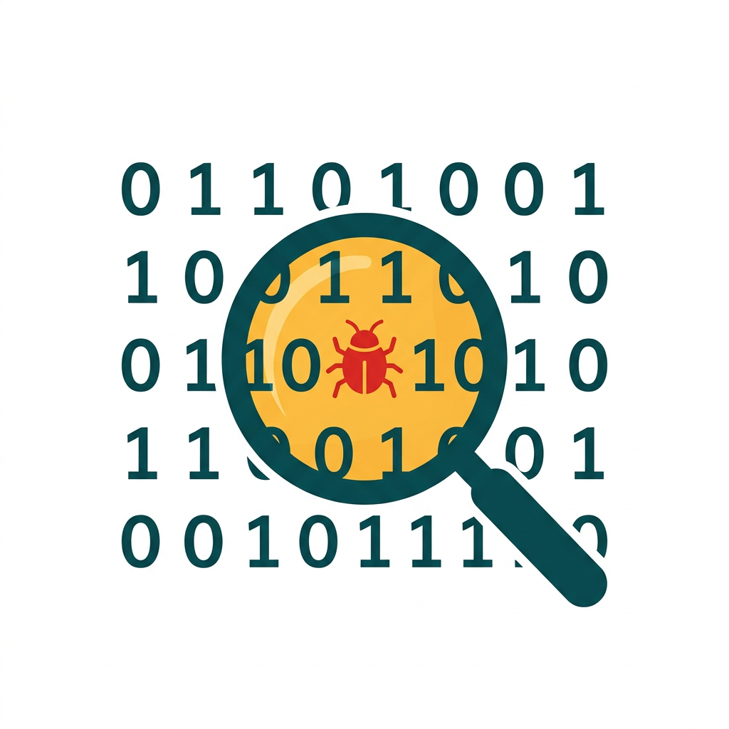 a magnifying glass scanning lines of binary code for a red bug icon
