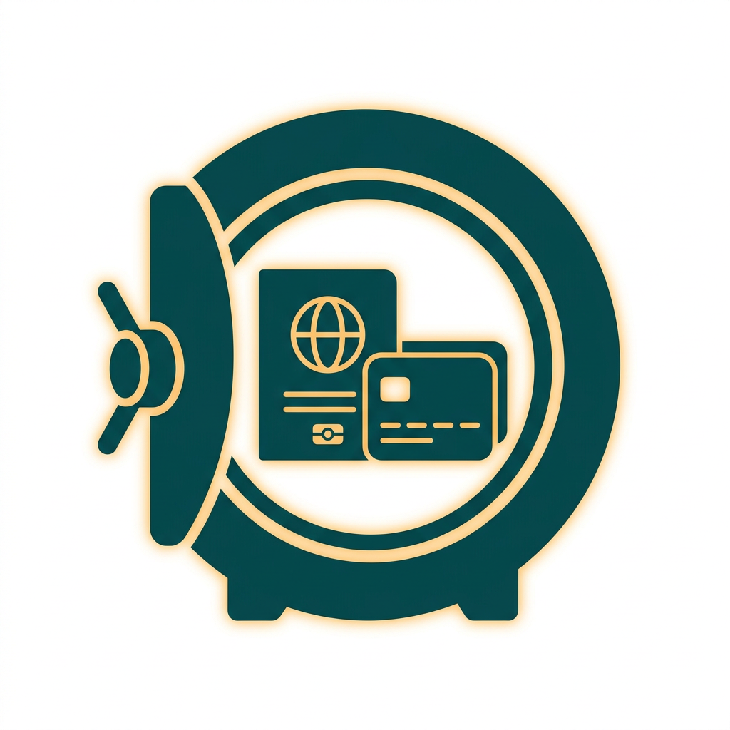 a digital passport and credit card stored safely inside a glowing vault icon