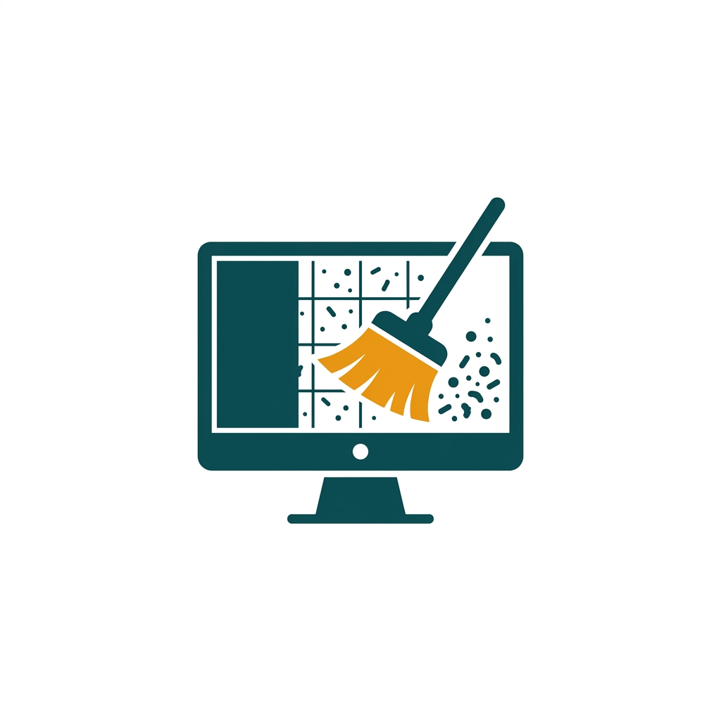 a minimalist icon of a computer monitor with a broom sweeping away digital dust