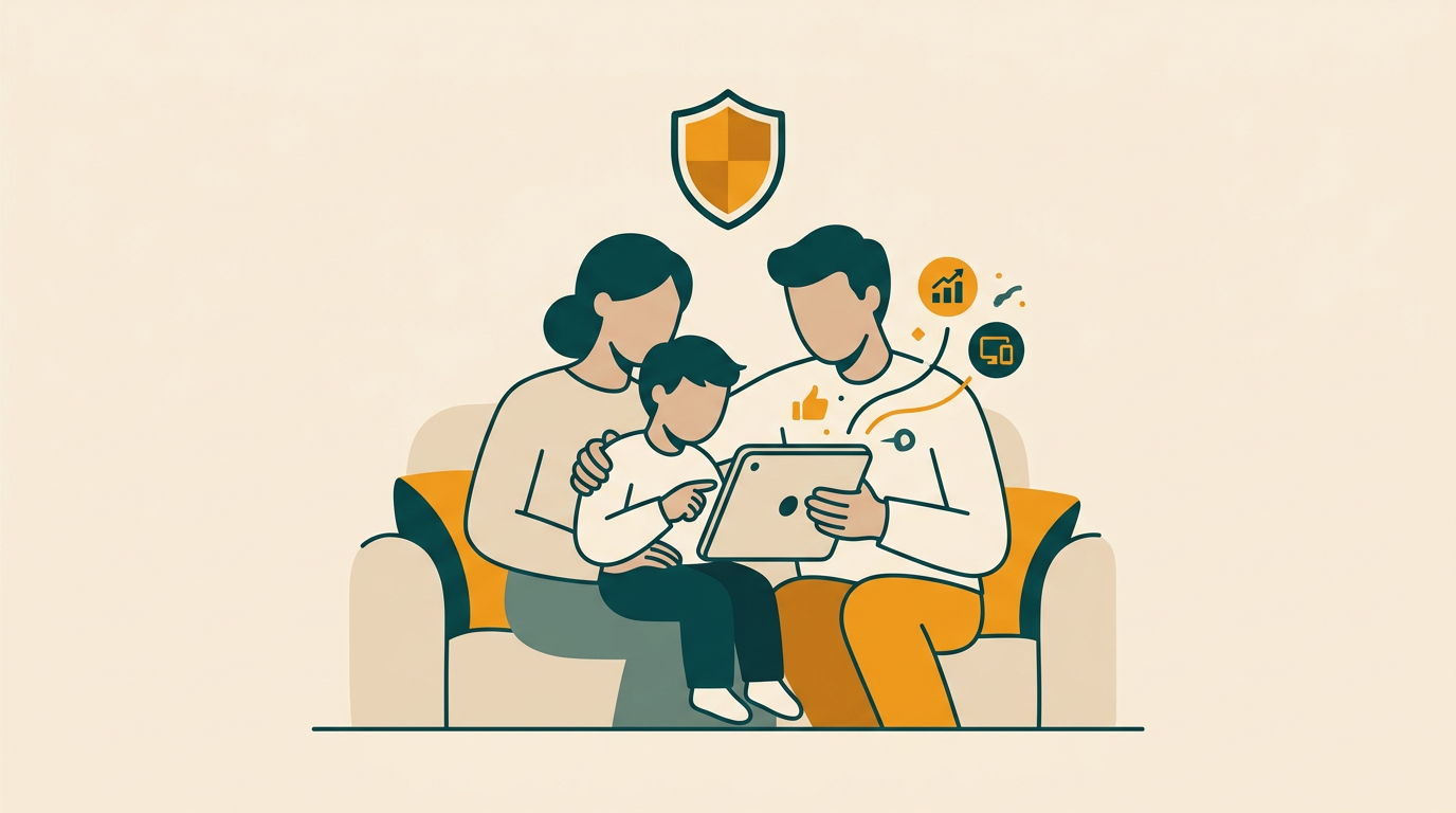 a warm illustration of a parent and child looking together at a tablet screen, with a protective shield icon floating above them, soft and friendly art style