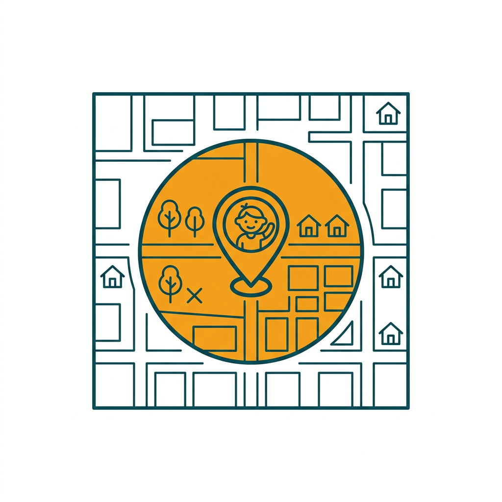 a stylized map with a pin showing a child's location and a highlighted safe zone circle
