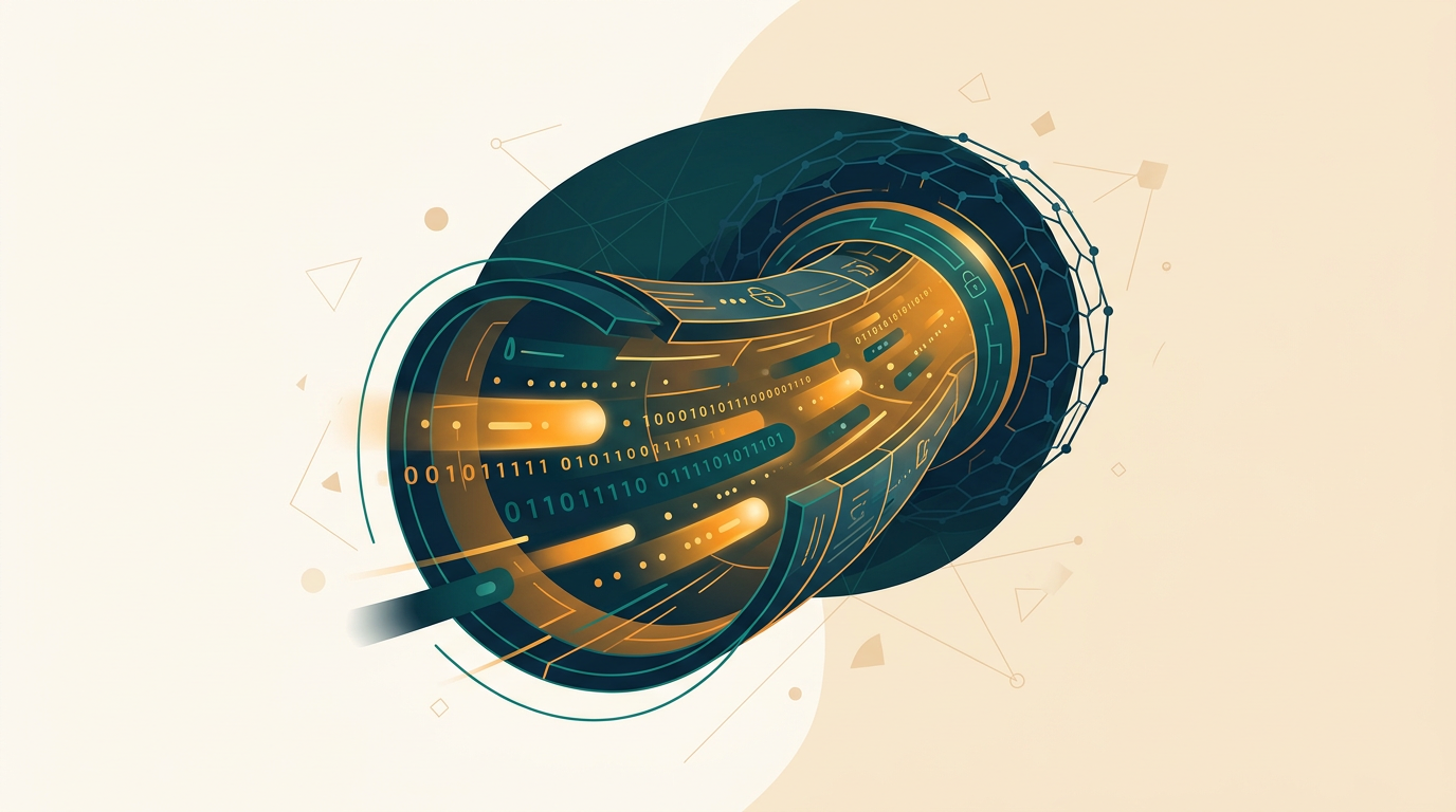 a sleek abstract visualization of a secure digital tunnel with glowing data packets flowing through it, dark blue background with network lines