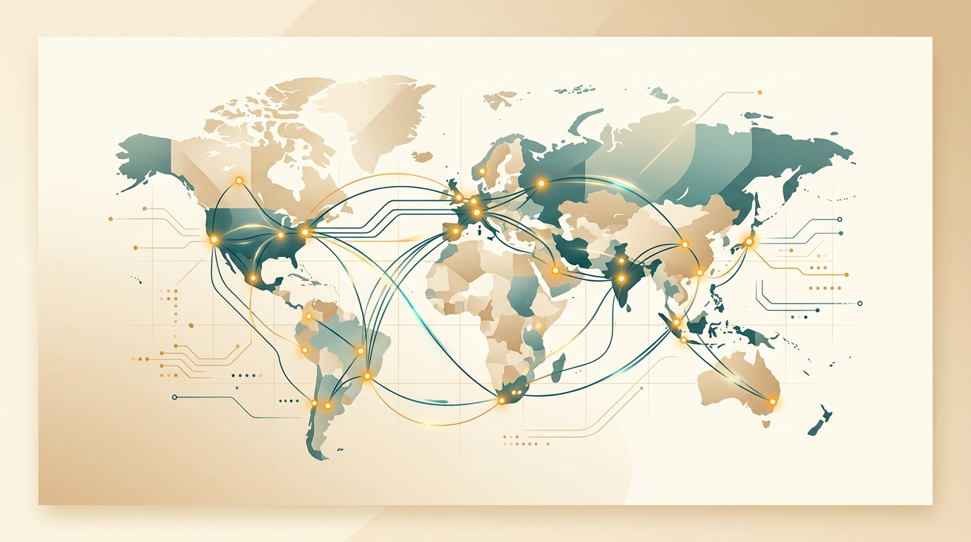 a world map with glowing connection points and digital lines, illustrating a global server network, clean and modern technological design