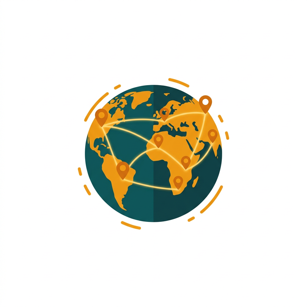 a spinning globe with multiple location pins connected by glowing lines, representing a global network