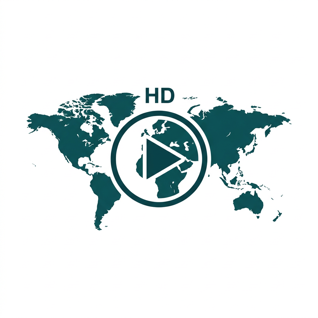 a high-definition video play button icon superimposed over a world map