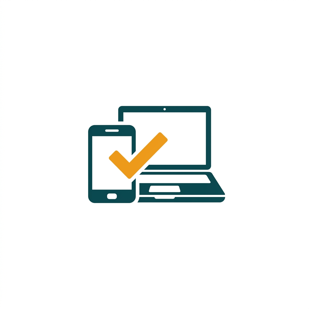 a smartphone and a laptop computer side-by-side with a shared checkmark symbol