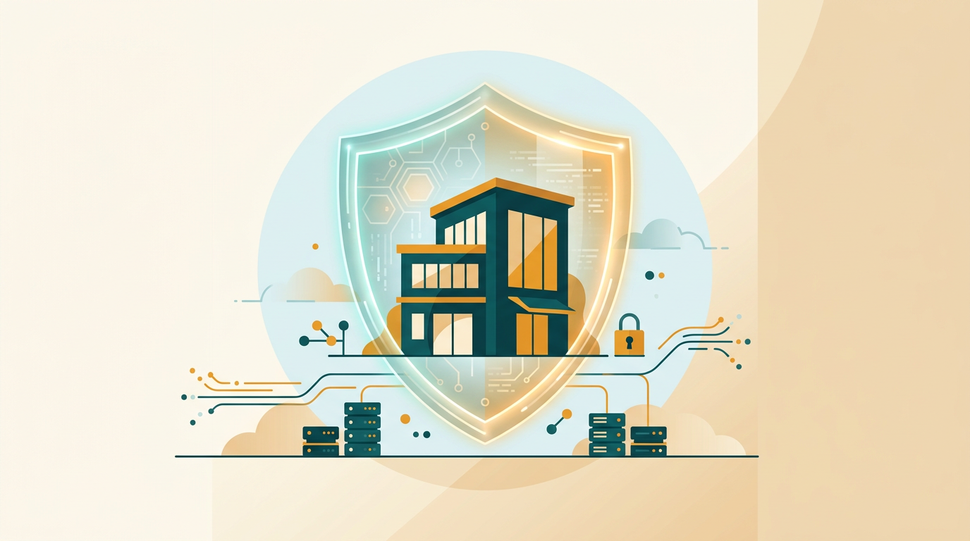 a symbolic illustration of a small office building protected by a glowing digital shield, clean vector style on a light blue background, editorial composition