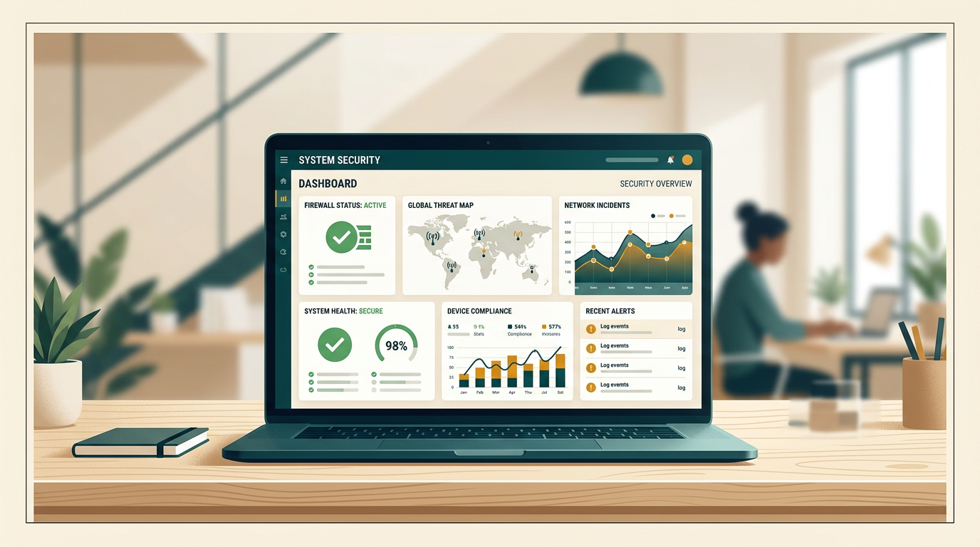 a close-up of a laptop screen displaying a security management dashboard with green checkmarks and system status graphs, a modern office environment is softly blurred in the background
