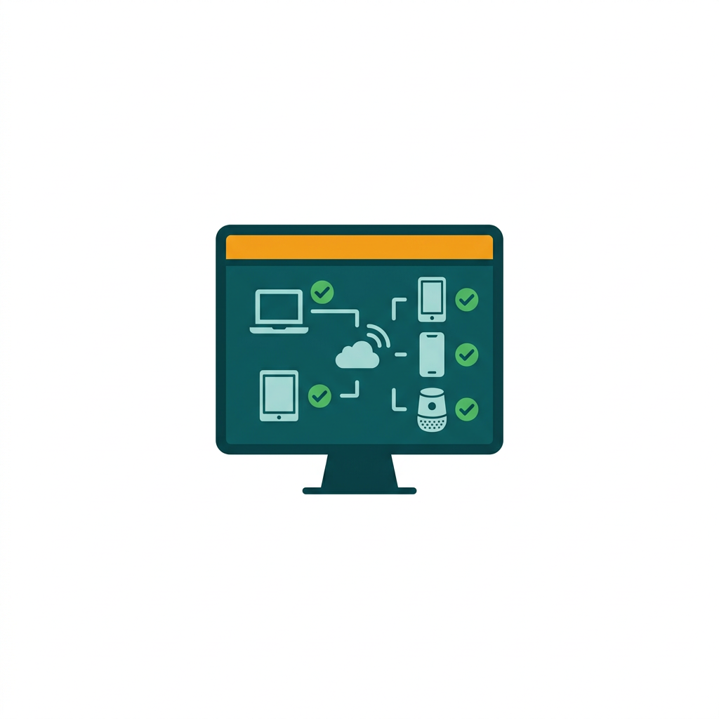 a central web dashboard screen showing multiple connected device icons with green status checkmarks