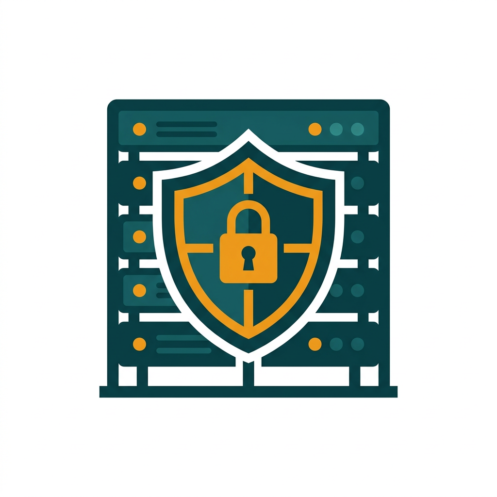 a stylized server rack with a large protective shield symbol in front of it