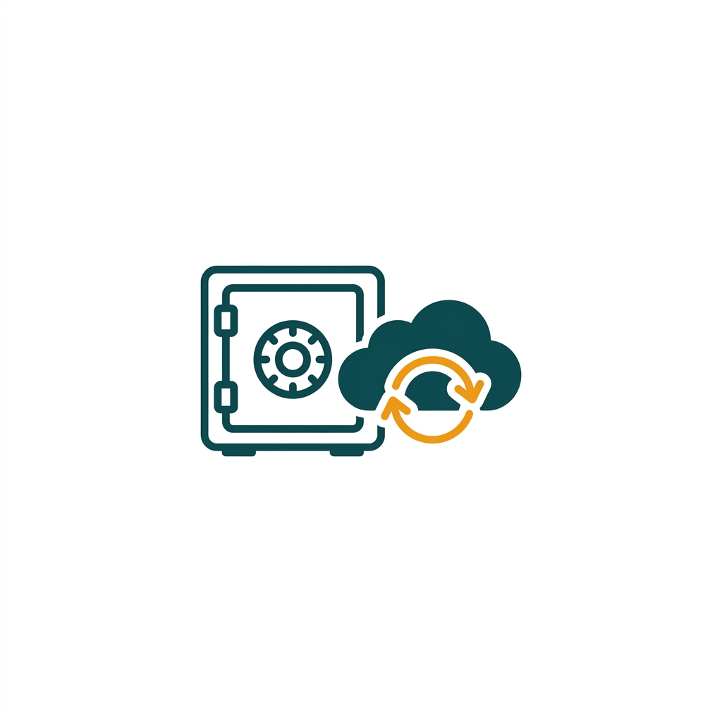 a secure vault icon next to a cloud backup and restore arrow symbol
