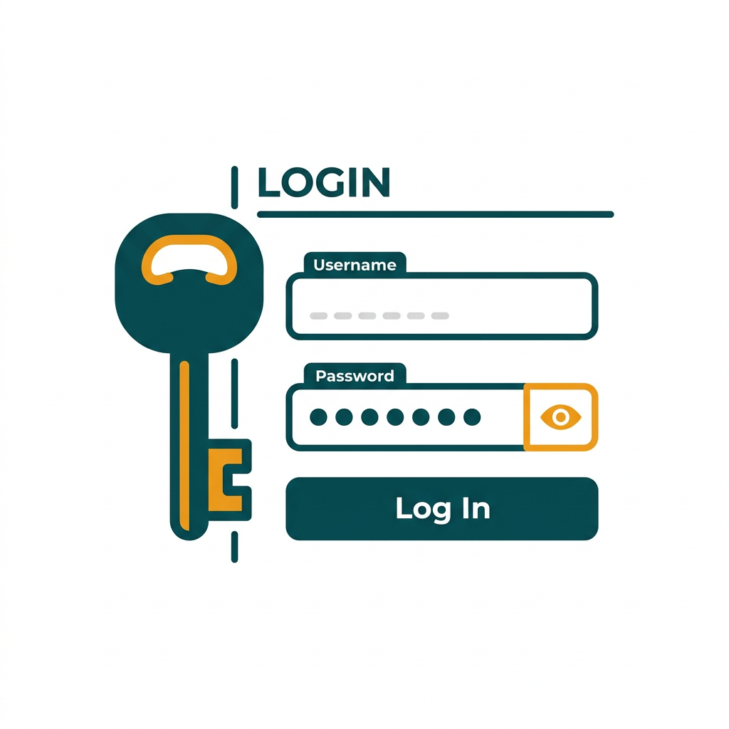a key icon next to a list of login fields on a web page, indicating password management