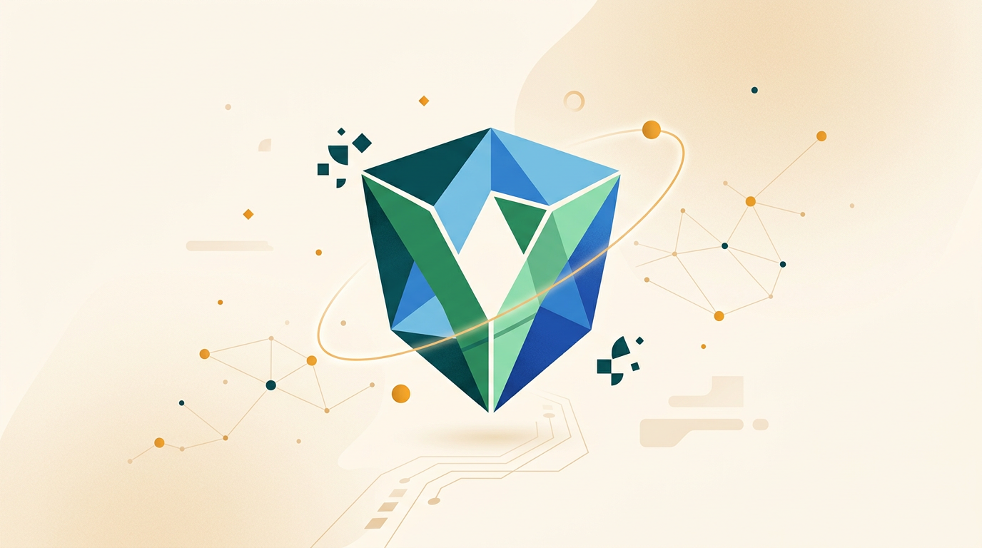 a minimal abstract shield icon composed of geometric blue and green shapes, representing digital security and protection on a clean background