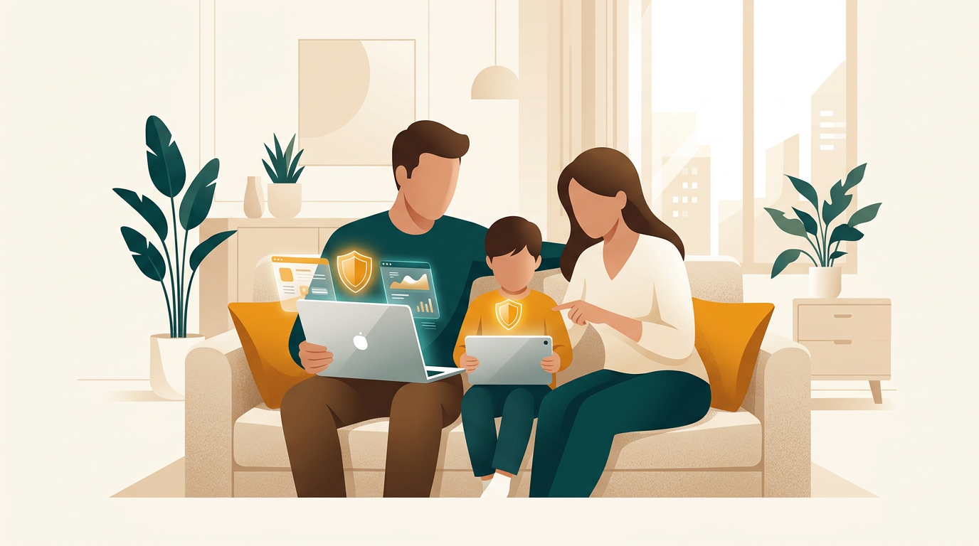 a family using a laptop and a tablet together on a couch in a bright living room, with glowing shield icons subtly protecting their devices, conveying a warm and safe atmosphere