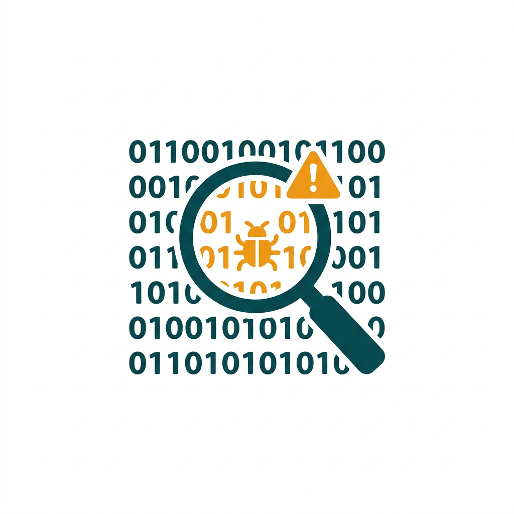 a magnifying glass scanning lines of binary code for threats