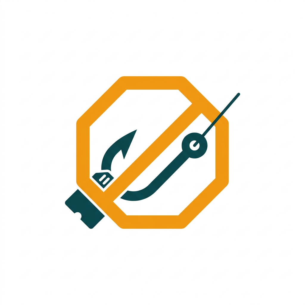 a fishing hook trying to catch a data packet, with a red stop sign over it