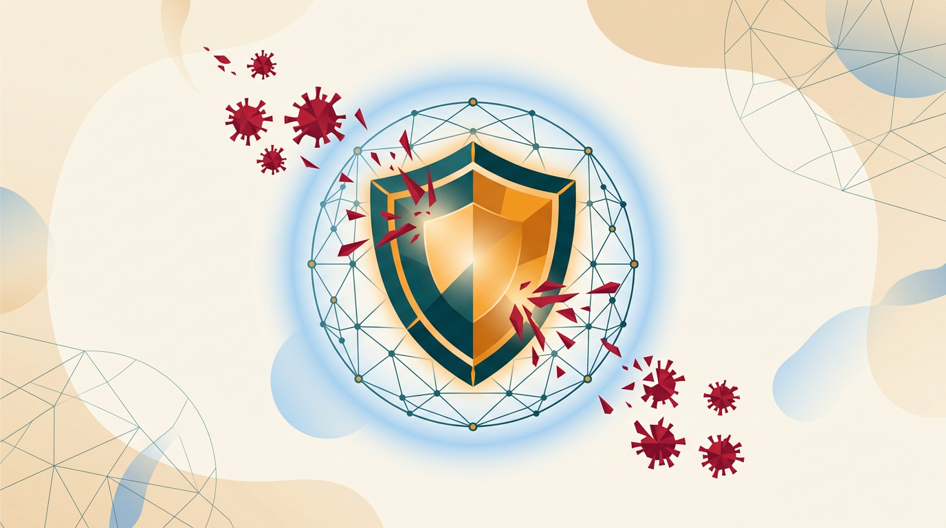 a clean and abstract digital shield icon in the center, deflecting small, red, geometric virus shapes, on a soft blue background with network lines