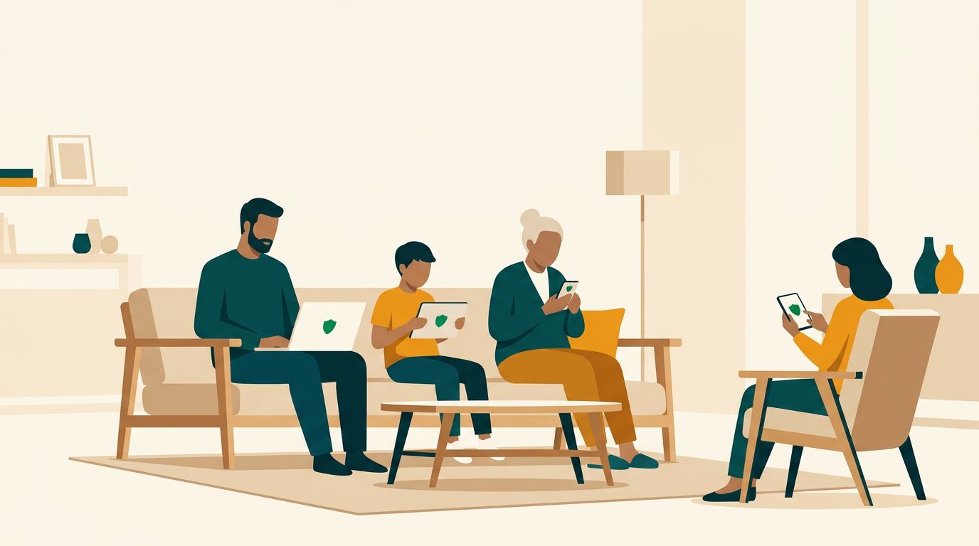 a family sitting together in a living room, each using a different device (laptop, tablet, smartphone) that shows a small green shield icon on the screen