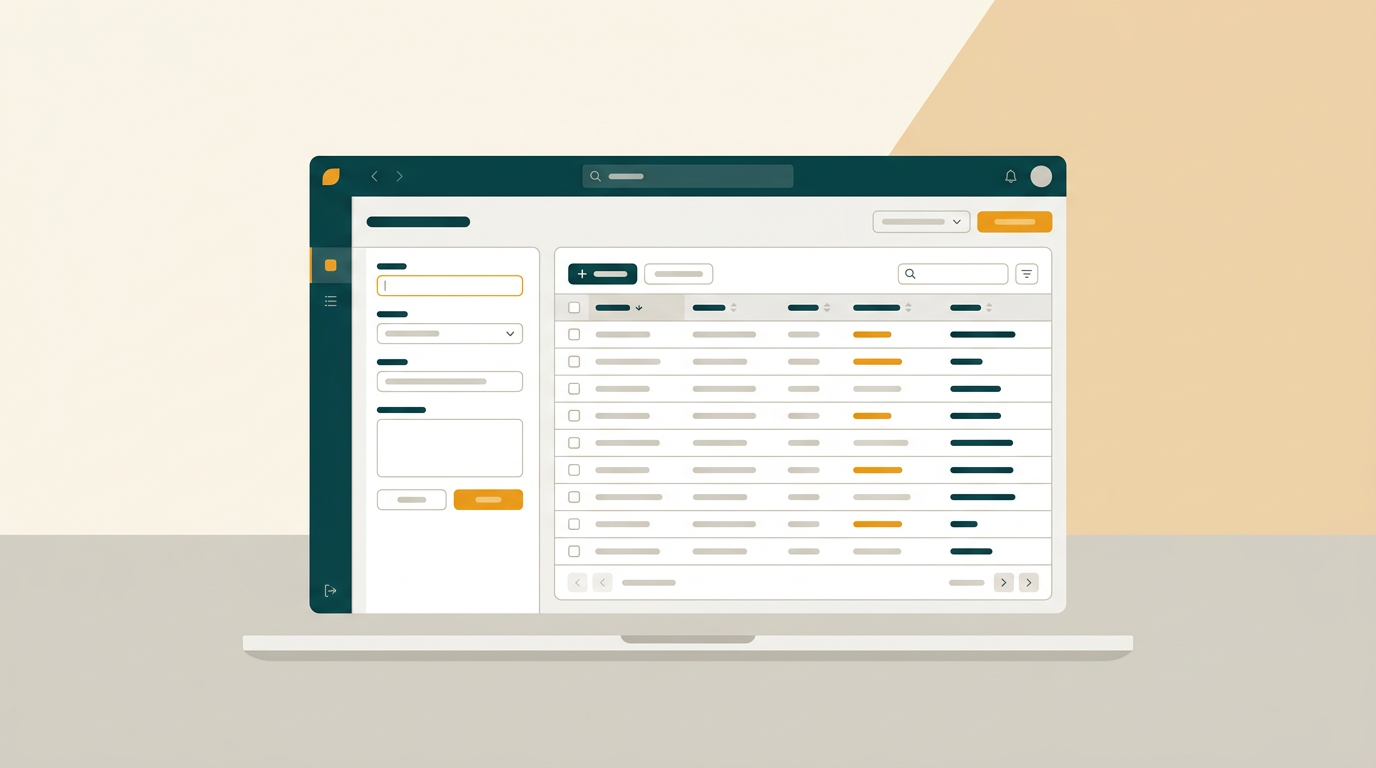 a clean user interface of a database application showing forms and data tables, on a neutral light grey background, editorial style illustration