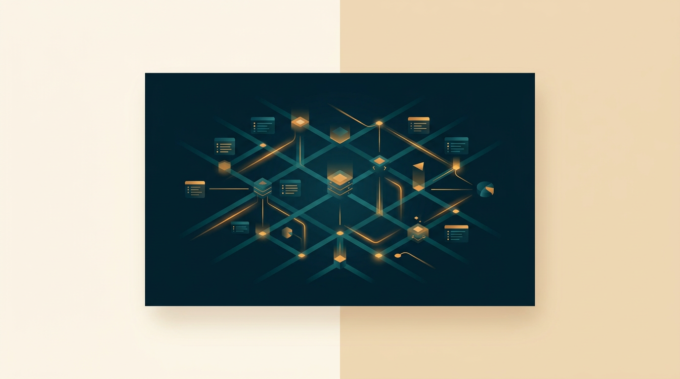 an abstract representation of structured data, with glowing nodes and connecting lines, symbolizing a relational database network, on a dark blue background