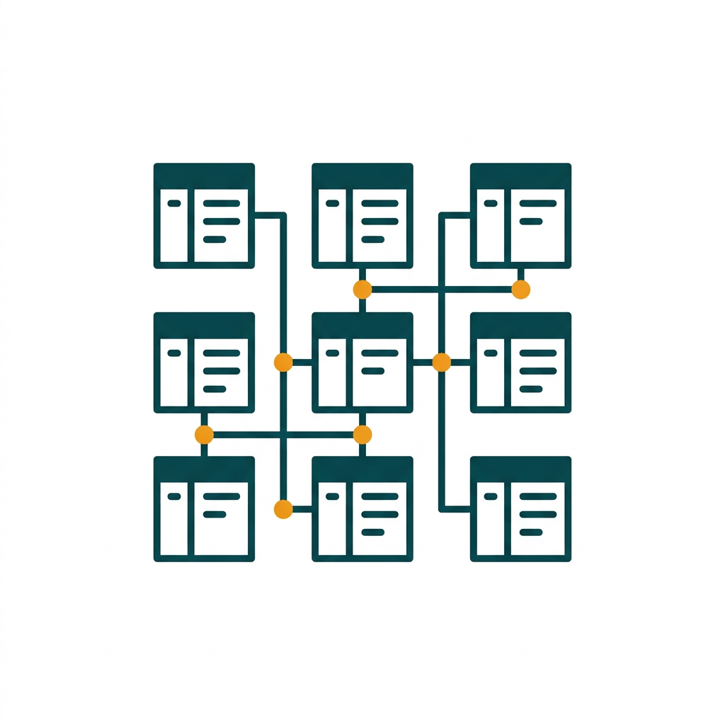 a grid of interconnected data tables with relationship lines between them, schematic view