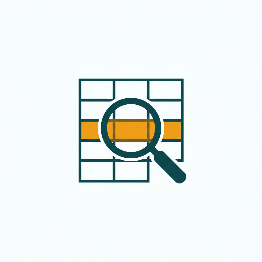 a magnifying glass icon over a grid of data cells, highlighting a specific row with a different color