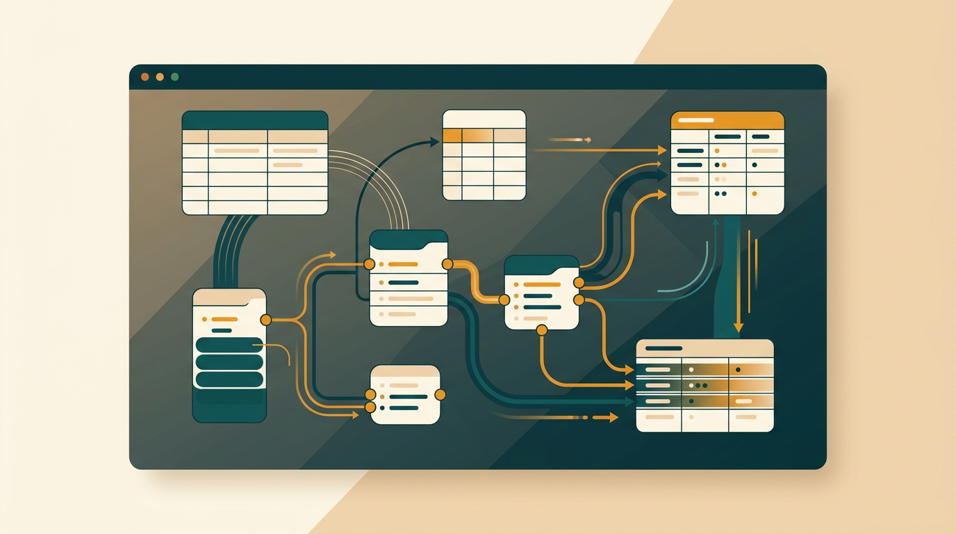 an abstract digital illustration of interconnected data nodes and tables, showing relationships and data flow in a clean, modern interface on a dark background