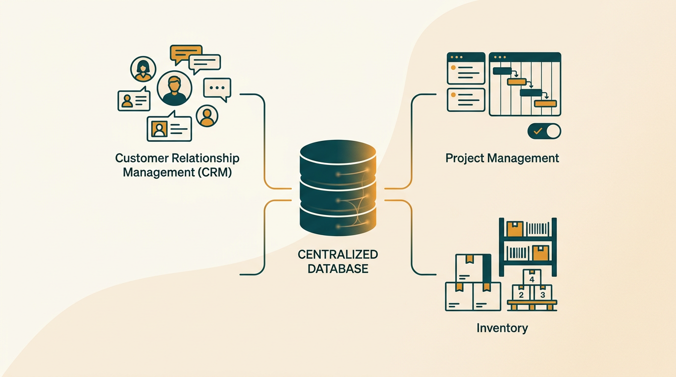 a clean diagram showing a central database icon connected to icons representing CRM, project management, and inventory, symbolizing data centralization