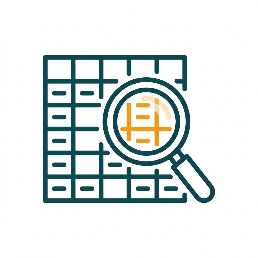 a magnifying glass icon over a data grid, symbolizing a data query or search