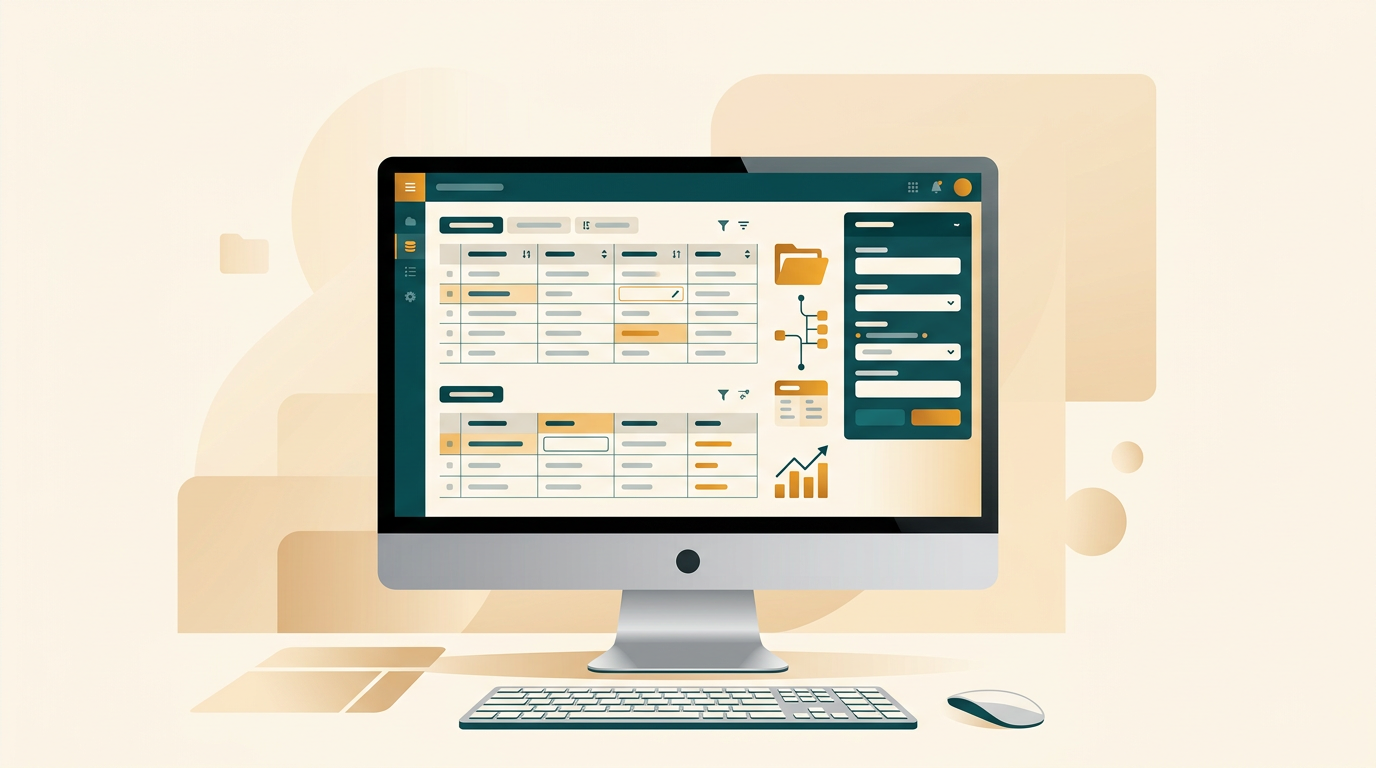 a clean, modern database interface with tables and forms on a desktop computer screen, symbolizing data management and organization