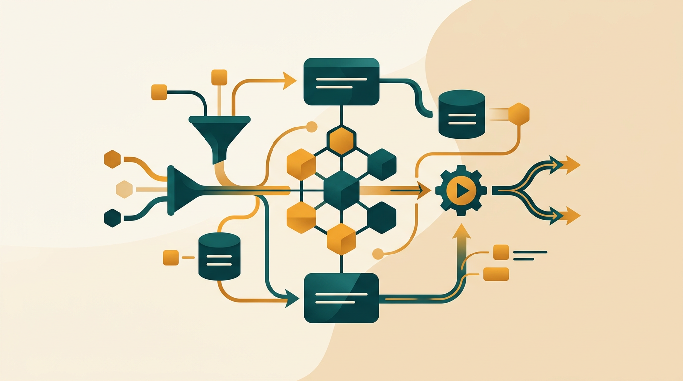 an abstract illustration of data flowing through different nodes, representing a relational database workflow and process automation