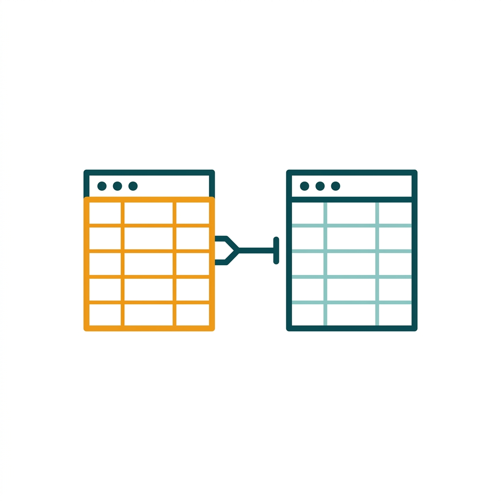 two interconnected database tables with lines showing relationships, vector style