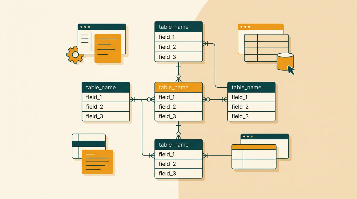 a schematic diagram of a relational database with interconnected tables and fields, showing relationships with clean lines on a light background, editorial style