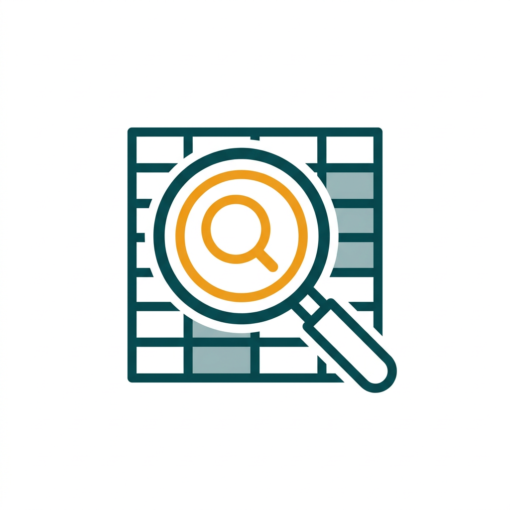 a magnifying glass icon over a data grid, symbolizing a data query or search