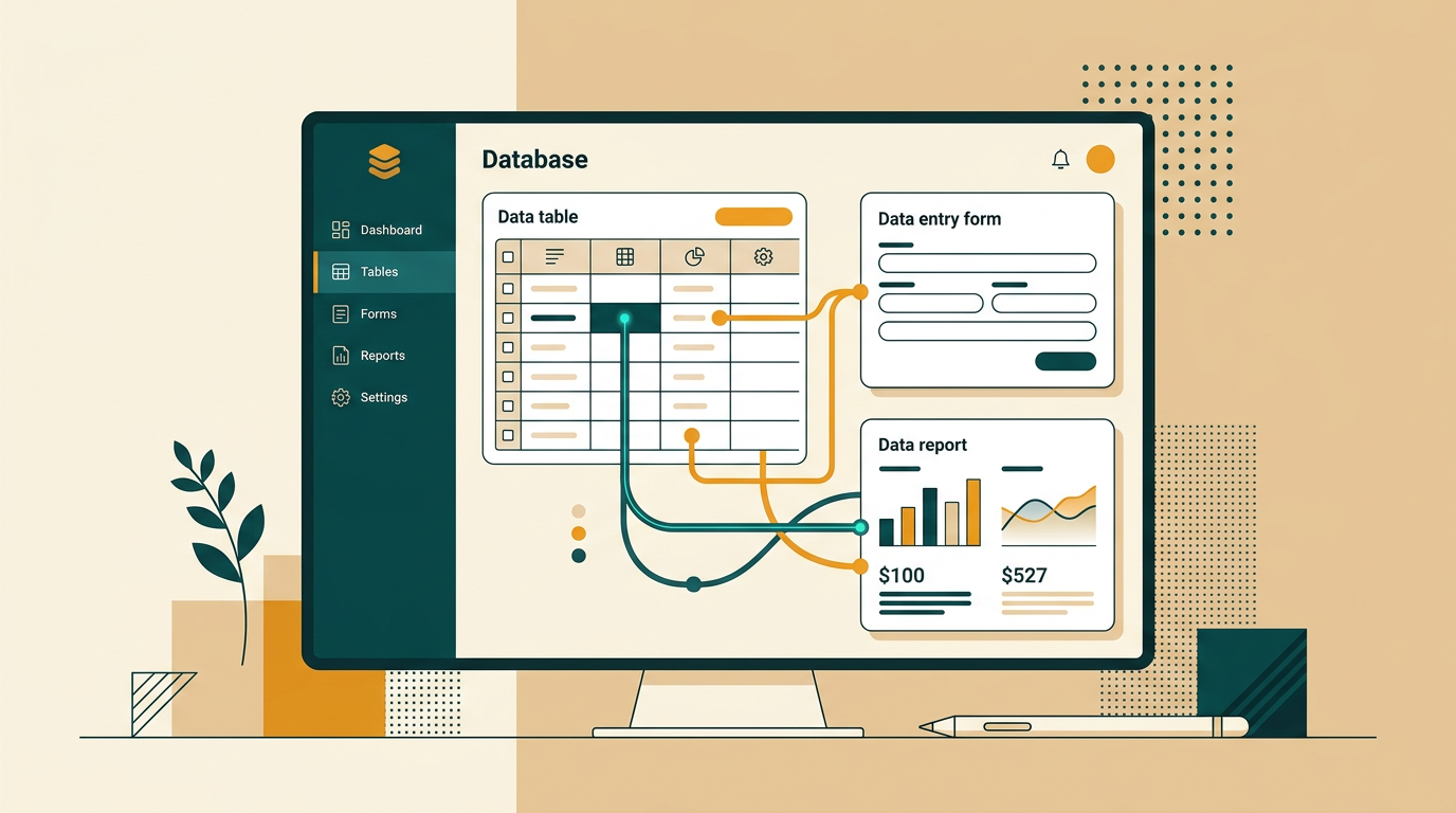 a clean and modern user interface of a database application showing tables, forms, and reports, with interconnected data points, editorial illustration style