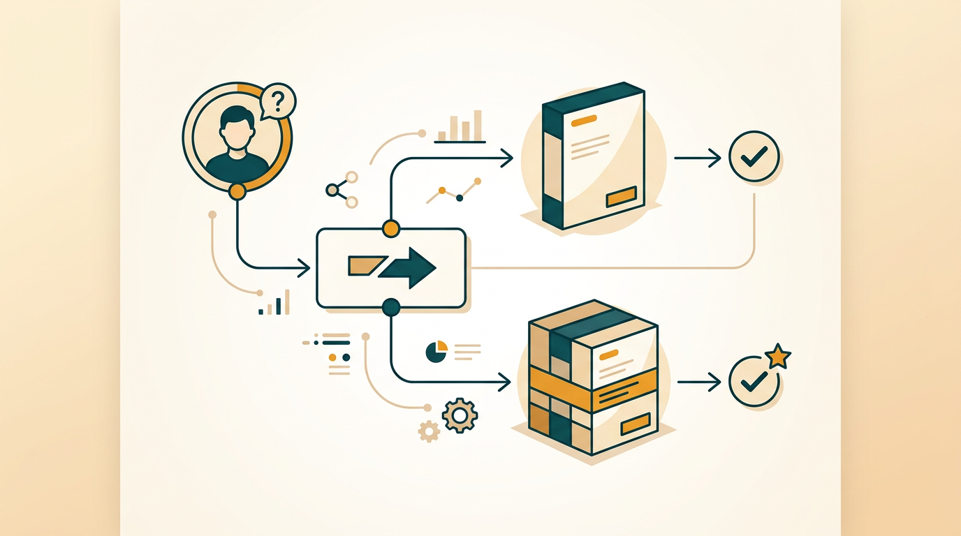 a flowchart diagram showing a decision-making process: a user choosing between a single software box and a suite of software boxes, representing a purchase decision