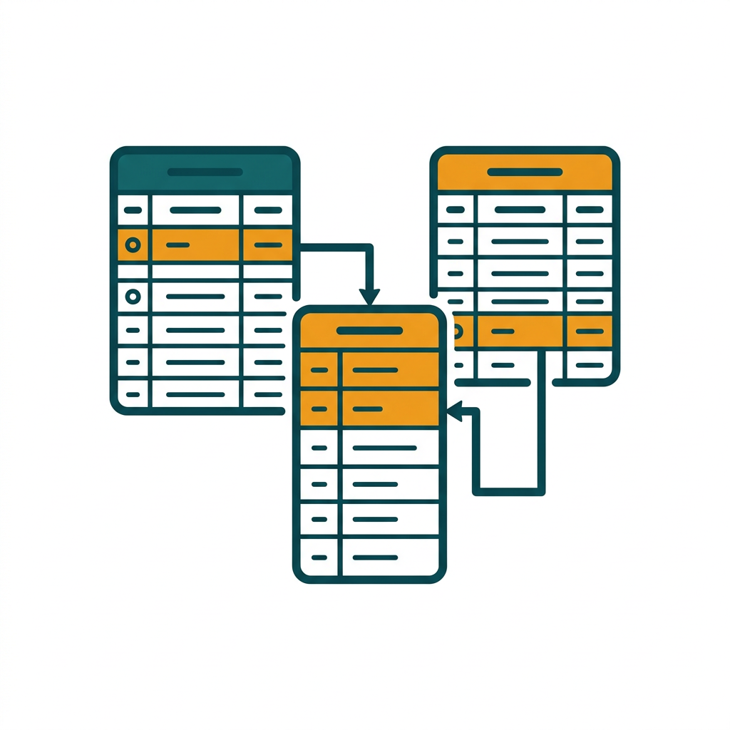 a grid of interconnected tables with columns and rows, showing relational links