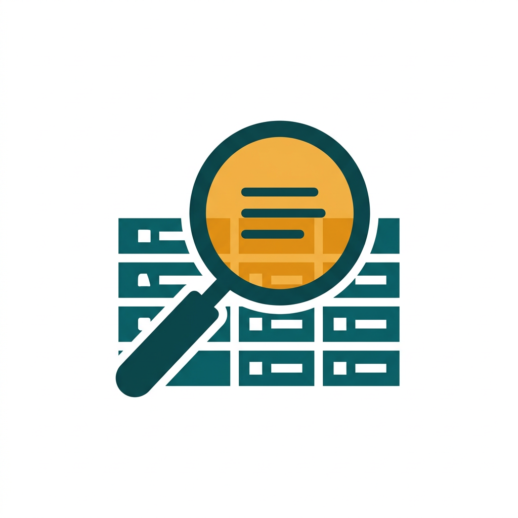 a magnifying glass icon hovering over structured data rows, indicating a search