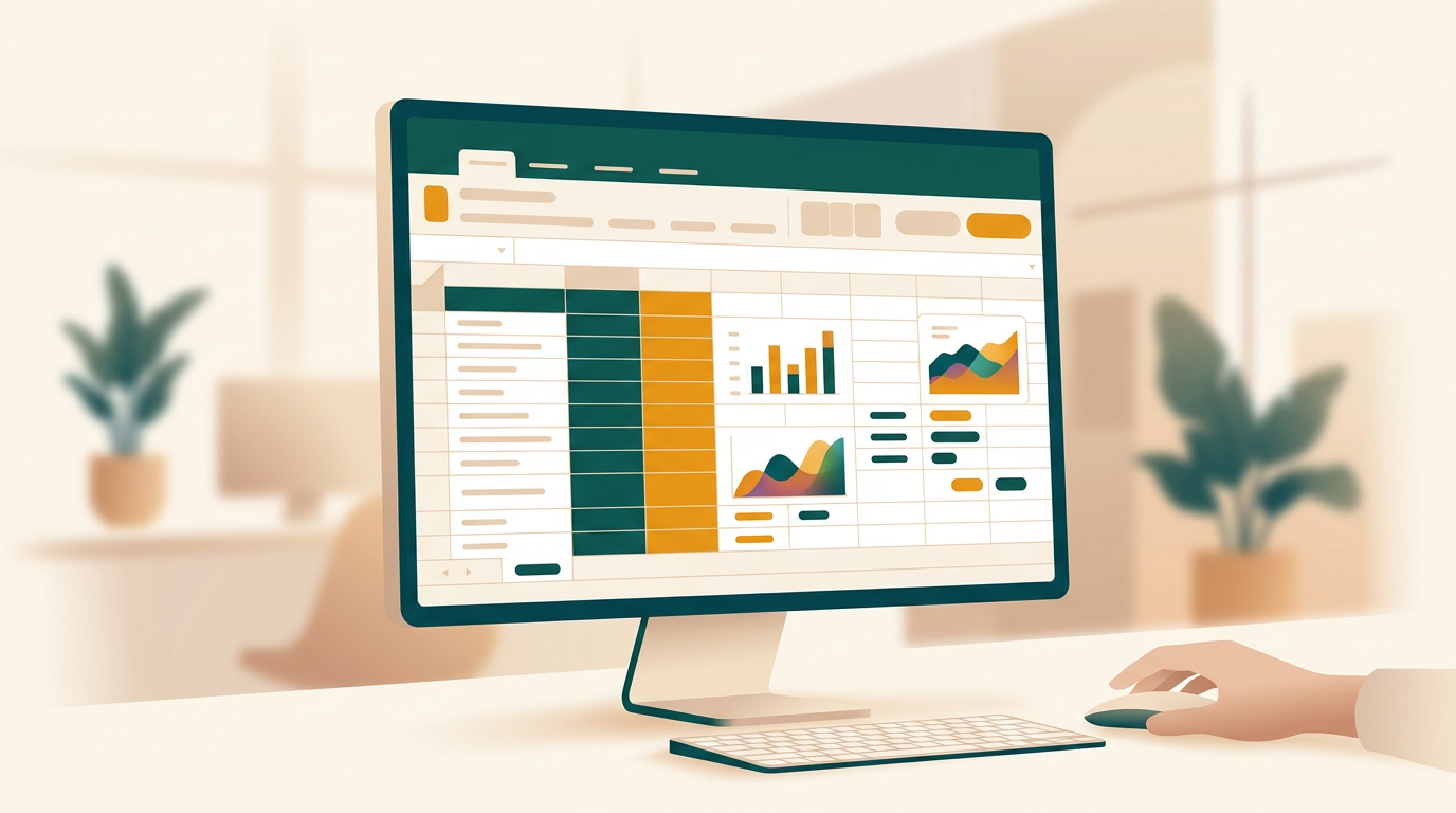 a clean spreadsheet interface on a computer screen, showing colorful charts and data tables, with a soft, out-of-focus office background