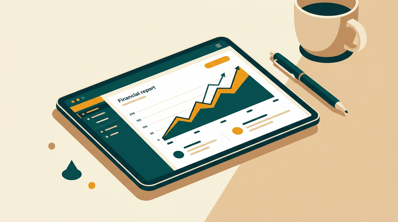 a close-up shot of a financial report on a tablet, with a line graph showing positive growth, a pen and coffee cup nearby, professional setting
