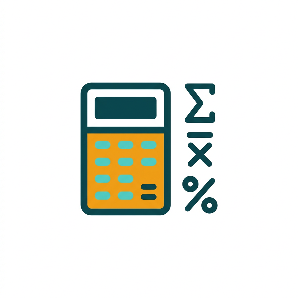 a calculator icon next to a series of mathematical symbols like sum, average, and percentage