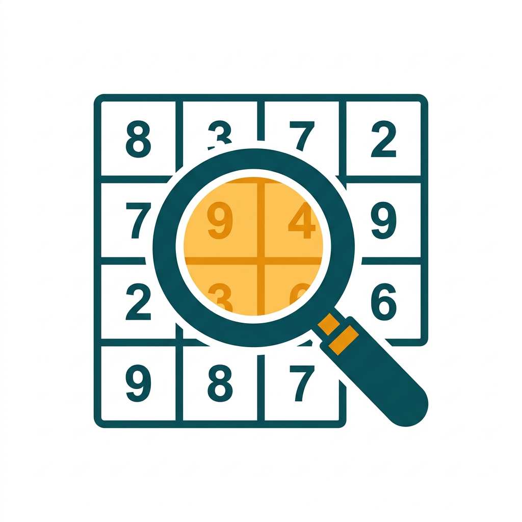 a magnifying glass hovering over a grid of numbers and cells