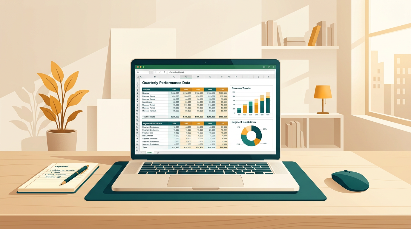 a clean, minimalist workspace showing a laptop screen with a complex Excel spreadsheet, featuring colorful charts and data tables, soft neutral background