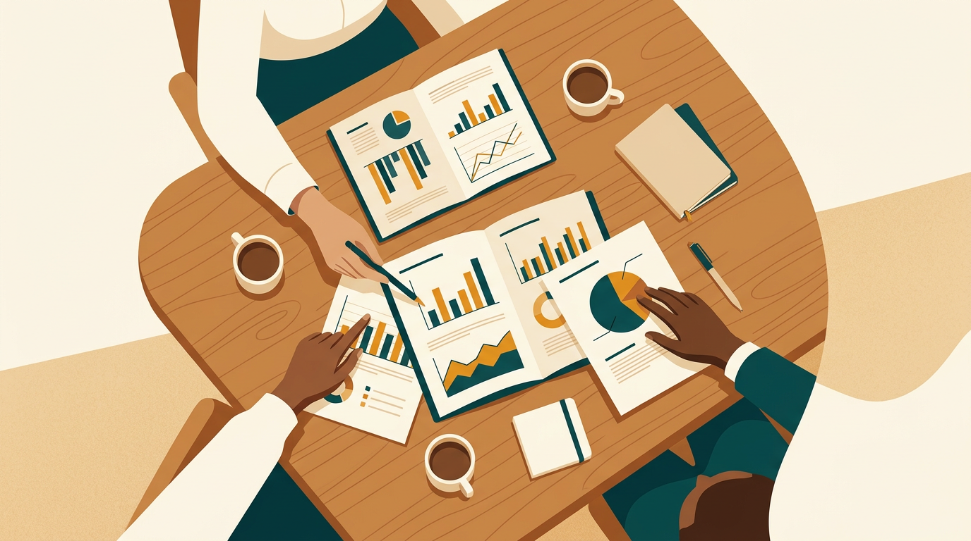 an overhead shot of a business meeting table with printed reports showing Excel charts, coffee cups, and hands pointing at data points
