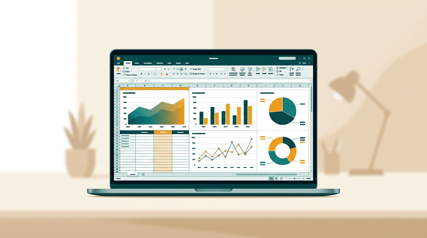 a clean, modern spreadsheet interface on a laptop screen, showing dynamic charts and data visualization, against a neutral office background
